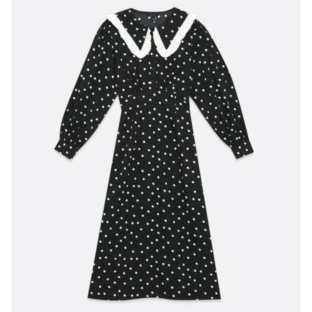 New Look Polka Dot Midi Dress Ruffle Collar Black White US 12 - Picture 2 of 7